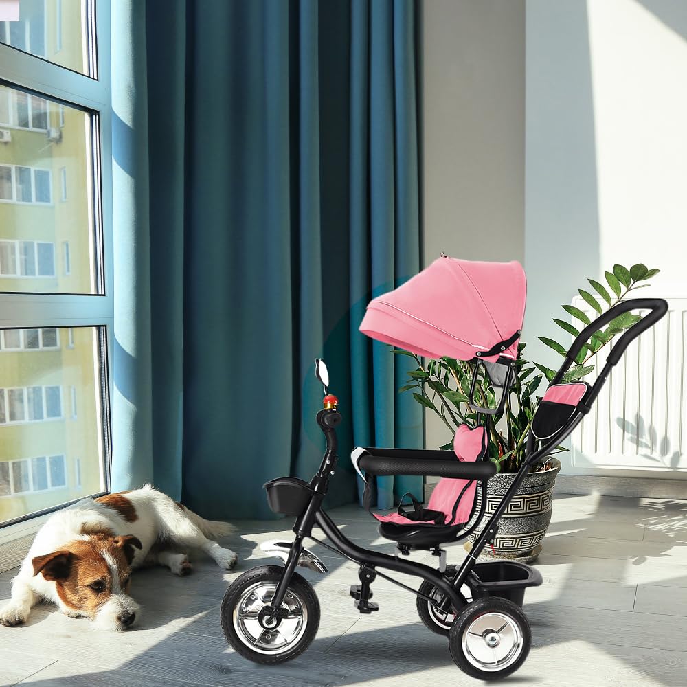 Tricycle Enfant Jeux Jouet Sport extérieur-4 en 1 Poussette Tricycle à pédale 2-4 Ans, vélo d’équilibre pour Tout-Petits avec poignée de poussée,(b) 4 en 1 (Rose)