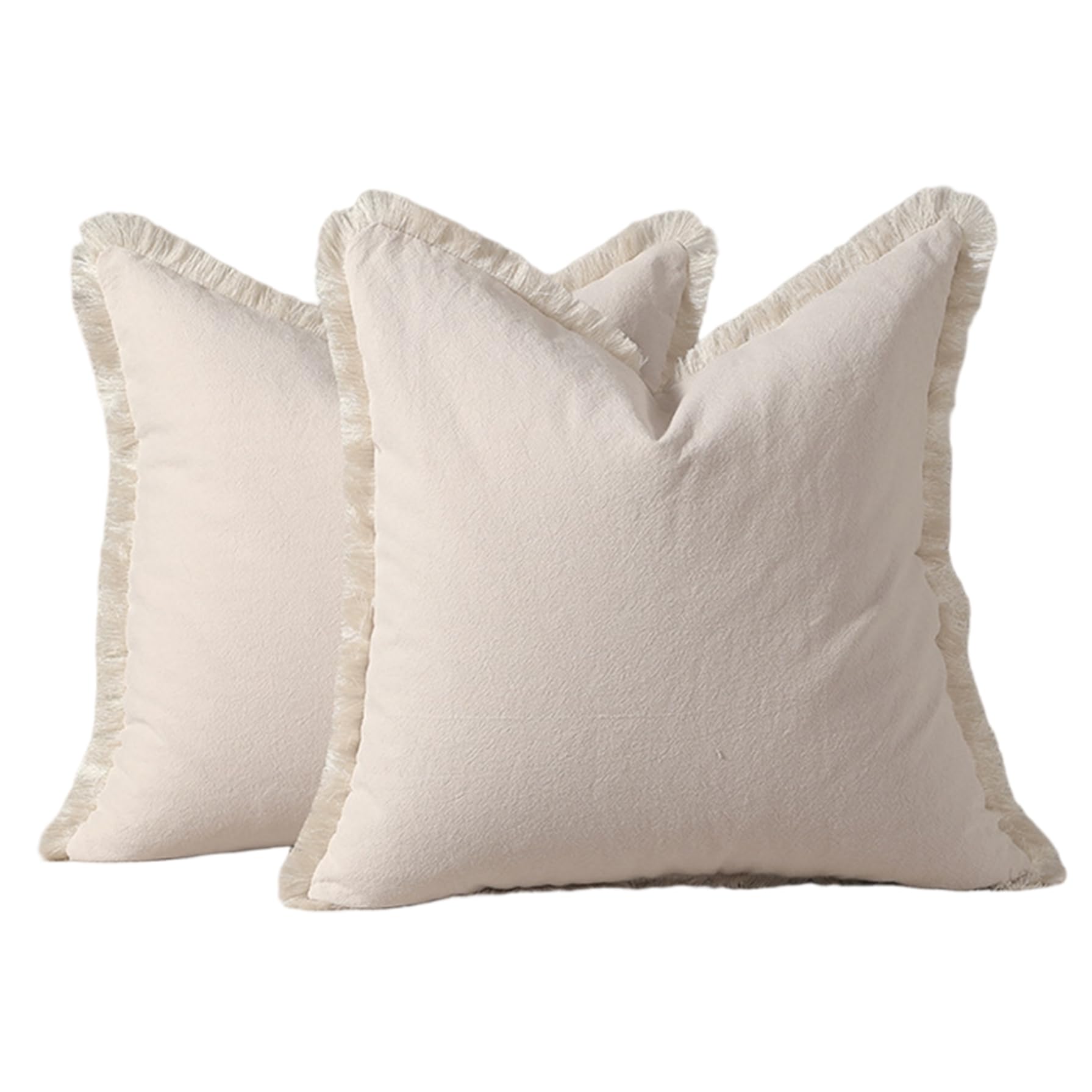 Housses de coussin 50x50 luxe en coton lavé beige finitions pompons bohème