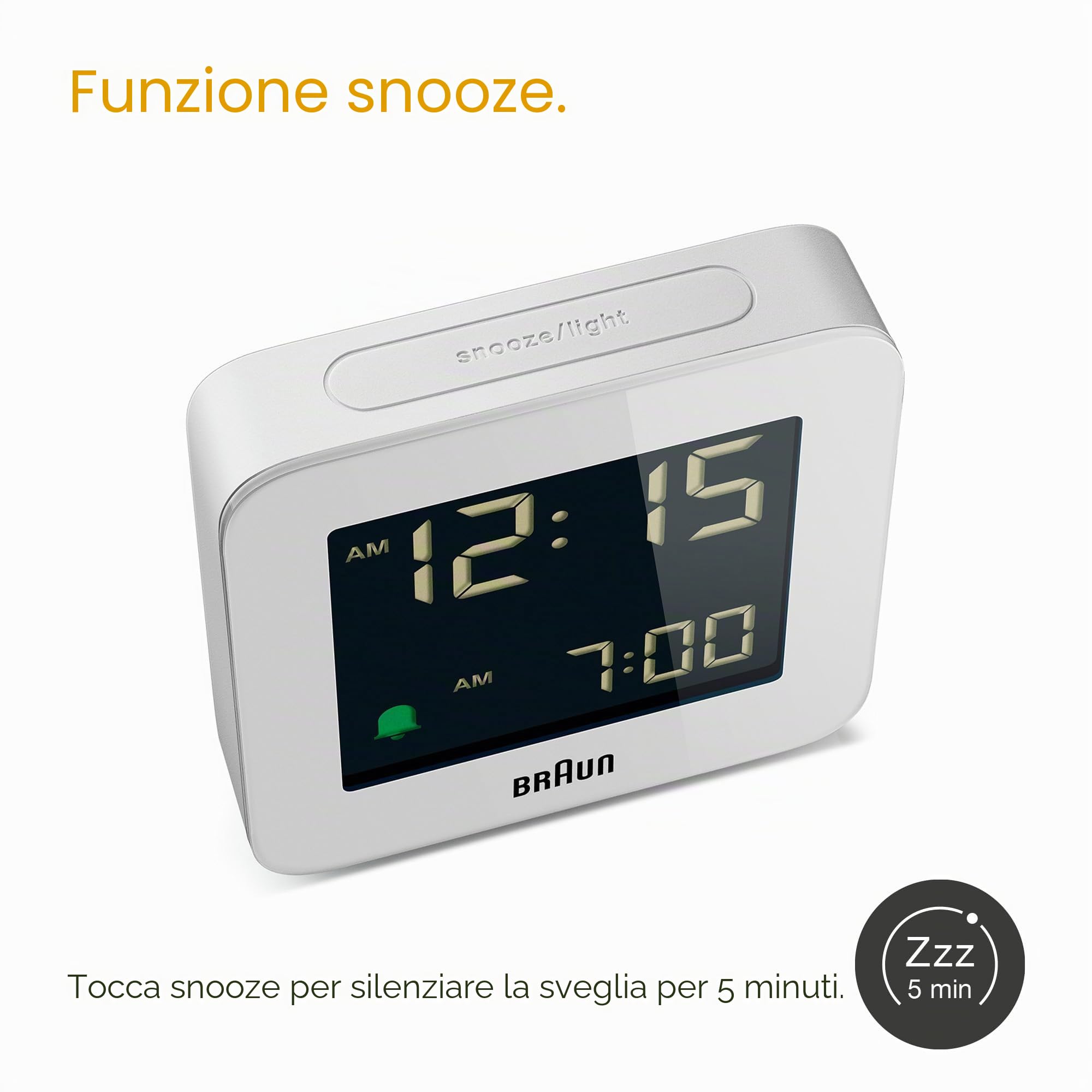 Braun Orologio Sveglia Digitale Funzione Snooze, Display LCD Negativo, Funzione Quick Set, Suono Sveglia Beep con crescendo, in Bianco, modello BC09W.