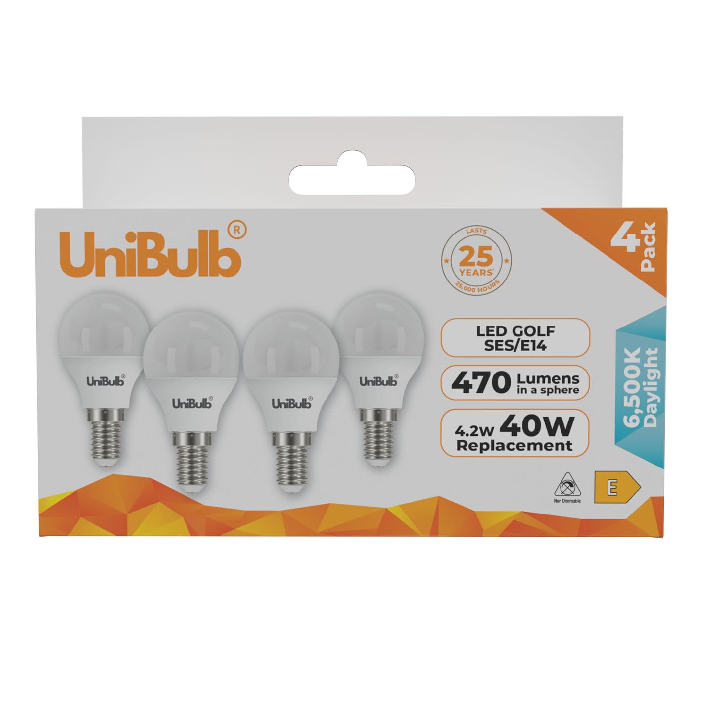 Unibulb E14 Energy Saving LED Light Bulb, Small Edison Screw, (SES), 4.2W, 470lm, 40W Equivalent, Daylight 6500K, Golf Ball Bulb, P45, 220-240V, Non-Dimmable, 25,000hr lifespan, Pack of 4 โ image 1
