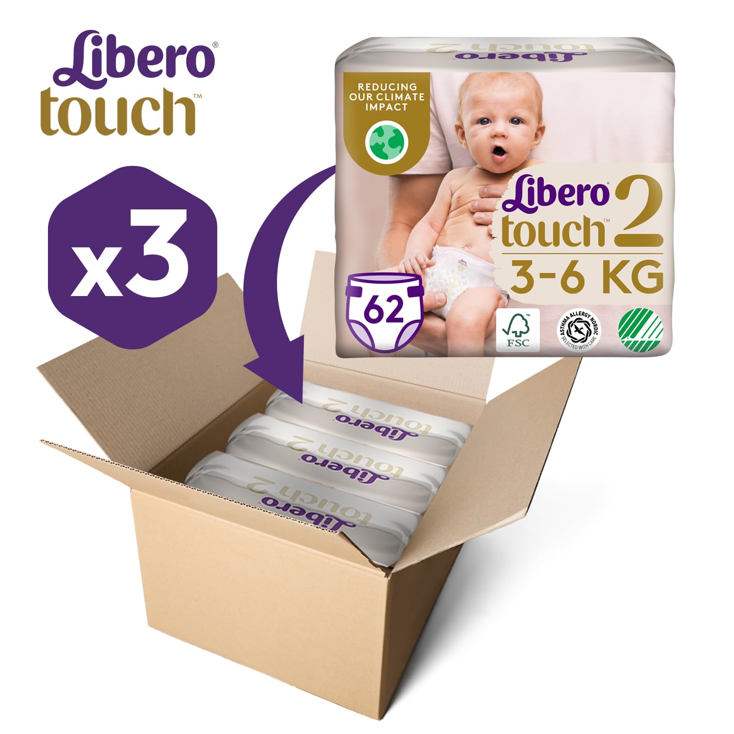 Libero, Pannolini Touch Open per Bambini, 186 Pannolini Taglia 2 per Bambini da 3-6 Kg, 3 Confezioni da 62 Pannolini Monouso