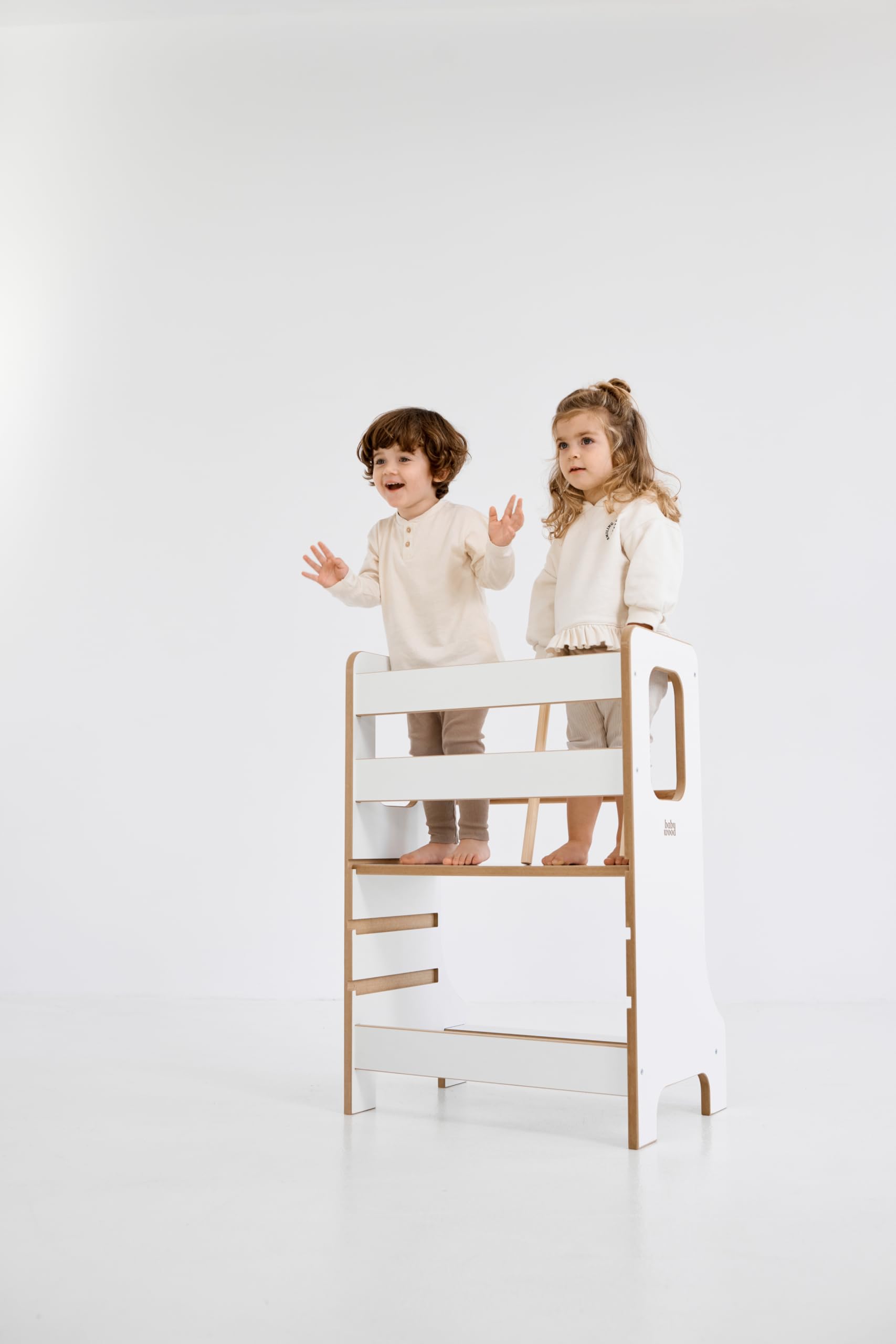 Lernturm Double Slim, Holz Lernturm für Geschwister, Entdeckungsturm für Zwei Kinder, Lernstuhl aus Holz, Learning Tower Montessori, Kitchen Helper (Weiß)