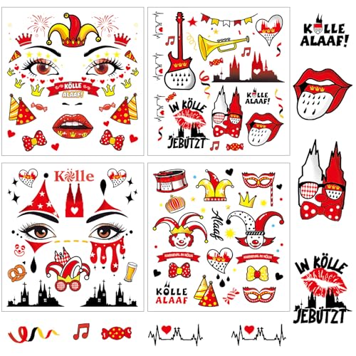 Gesichtstattoo Karneval Köln, 4 Blatt Rot Weiss Köln Tattoos Gesicht Karneval Kölner Karneval Kostüm Damen Herren, Kölle Alaaf Clown Face Fake Aufkleber Gesicht Fasching Schminke Accessoires Deko