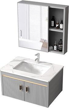 Vanity with Sink Wall Mounted Cabinet Set Ceramic Sink with Mirror Chrome Hot and Cold Water Faucet Modern Bathroom Sink Cabinet Combo Color Mirror cabinet+sink Cabinet, Size 70cm