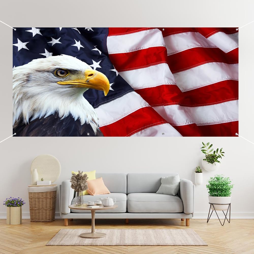 Leyiyi Patriotic 6x13ft American Flag & Bald Eagle Garage Door Banner for Independence Day, Memorial Day & Veterans Day Parties