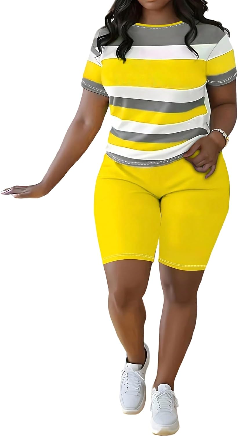 HBQ Women 2 Piece Outfits Summer Short Sleeve Stripe Tops and Bodycon Pants Tracksuits Biker Workout Jogger Sets