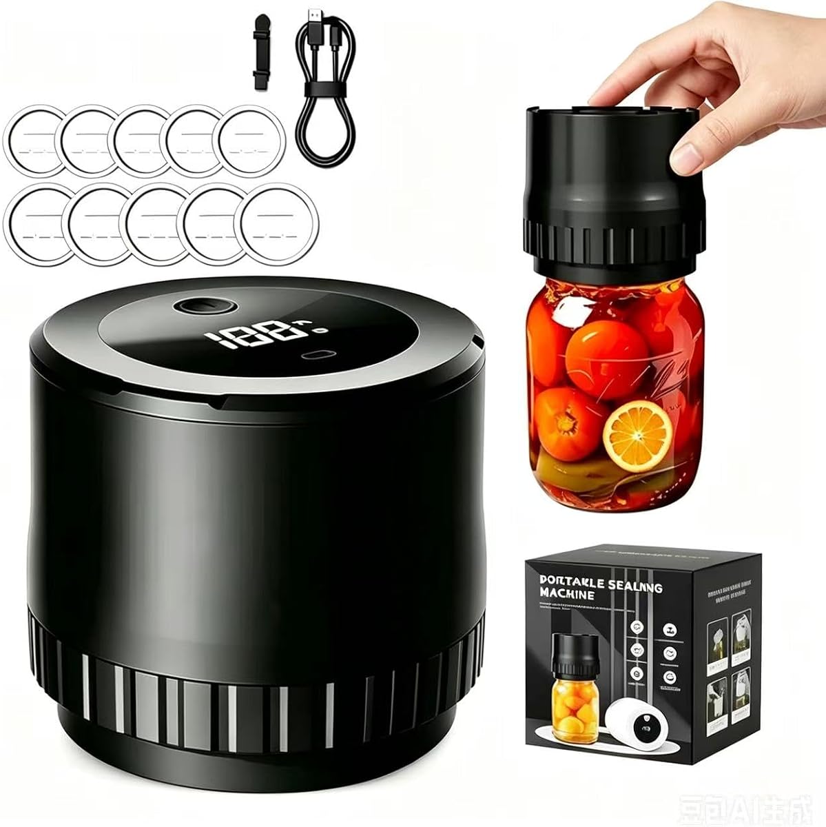 Electric Mason Jar Vacuum Sealer for Wide & Narrow Jars | 60kPa auto‑stop vacuum sealer,1200mAh battery with power display, includes adapters and jar opener for food storage