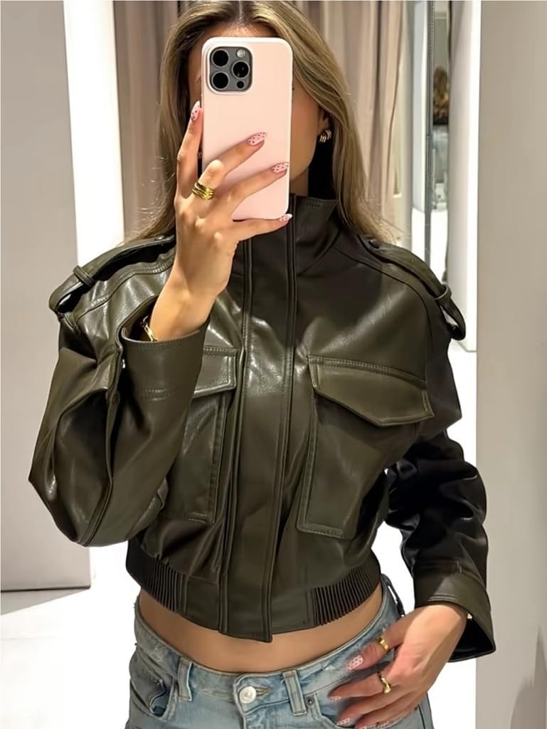 Green Leather Jacket Women Cropped Stand Collar Zip Up Olive Green Leather Bomber Jacket Women Trendy 2026 - Image 5