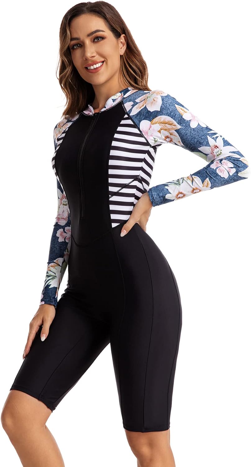 FEOYA Women One Piece Swimsuit Boyleg Rashguard Tummy Control Front Zip Up Bathing Suit with Boyshorts