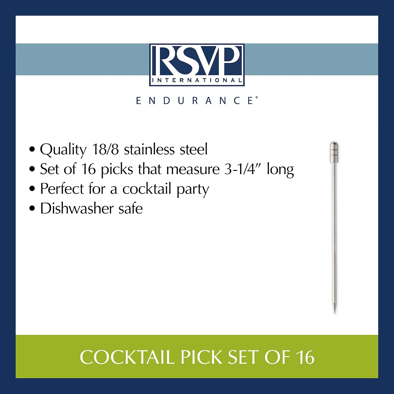 RSVP International Endurance Collection 18/8 Stainless Steel Cocktail Picks for Drinks and Appetizers, Reusable & Dishwasher Safe, 16 Piece Set, 3-1/4 Inch