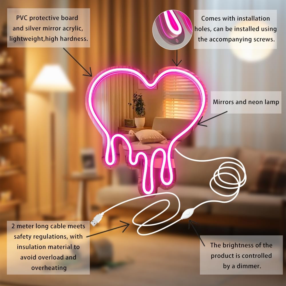 Melting Heart Neon Acrylic Mirror Sign with LED Light - Pink Neon Signs for Wall Decor Shatterproof, Rustproof, Lightweight, Adjustable Brightness Superior Aesthetic Appeal Neon Light Mirror