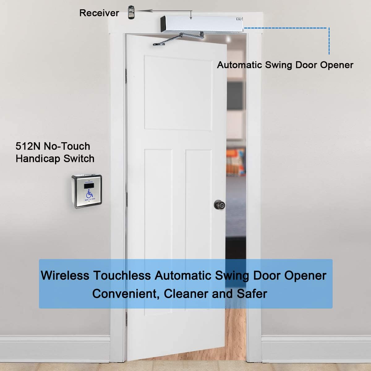 Ada Door Opener Handicapped Touch Free Sensor Open Door Operator with 2pcs Square 4.5'' Wireless Wave Sensor Switches 512N and 1PCS Fail Security 395lbs Electric Lock…