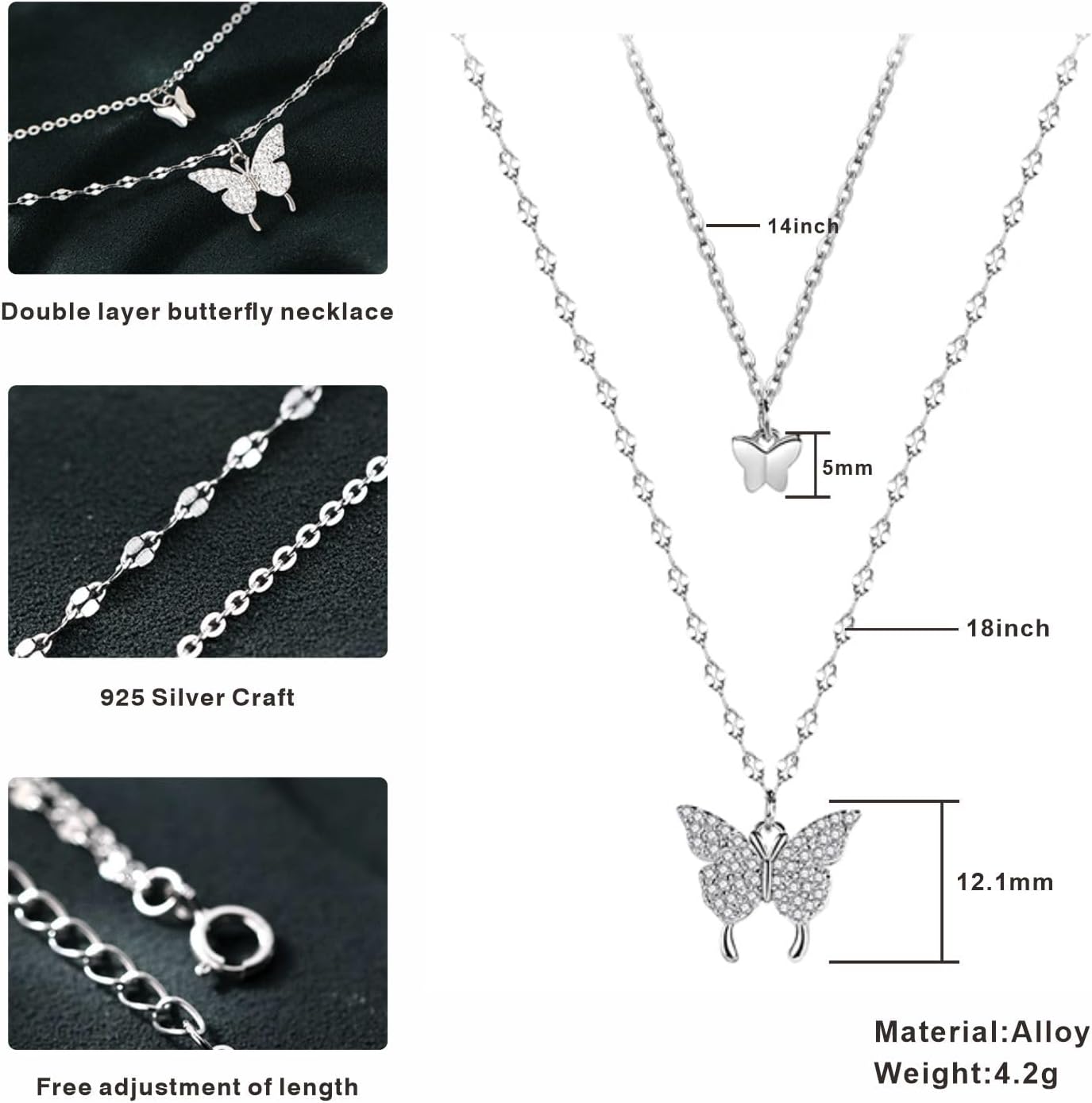 Sterling Silver Butterfly Necklace, Vintage Layered Crystal Necklace for Women & Teen Girls, 925 Silver Choker with Double Butterfly Pendant | 925 Sterling Silver, Christmas Gift, Butterfly Necklace, Birthday Gift, Valentine's Day Gift, For Women, Fashionable Necklace