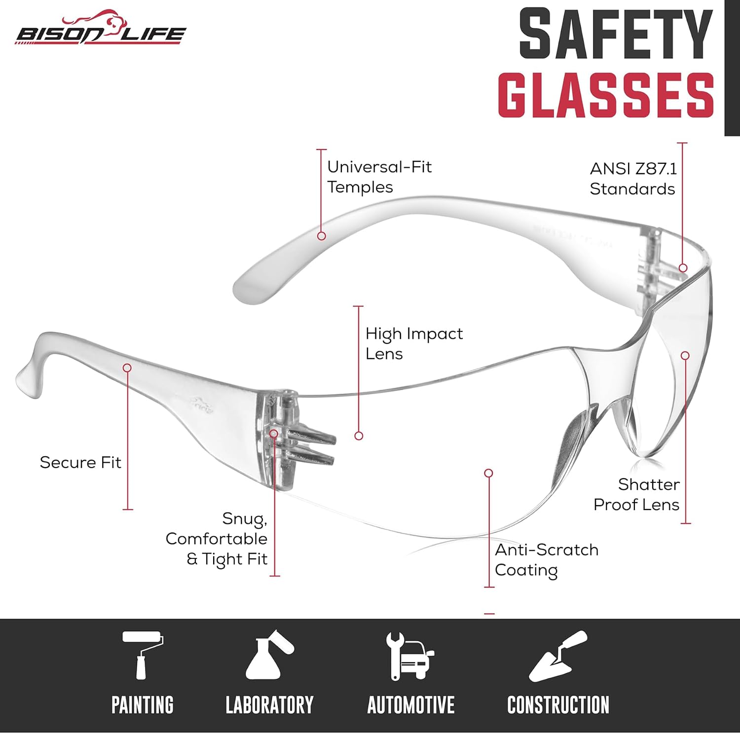 BISON LIFE 12 Pairs Clear Safety Glasses + 5 Pairs CovertX Corded Ear Plugs – Complete Eye and Ear Protection Combo