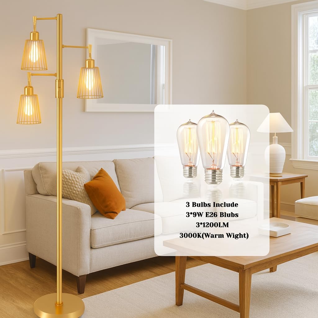 PESRAE Dimmable Industrial Floor Lamp, Farmhouse Floor Lamp Standing Tree Lamp with 3 Elegant Teardrop Cage Heads & Included 3 x 1200LM Edison LED Bulbs, Tall Lamp for Living Room, Bedroom (Gold)