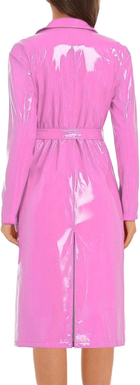 Vxuxlje Womens Patent Leather Trench Coat Notch Lapel Collar Open Front Long Coat Motorcycle Jacket