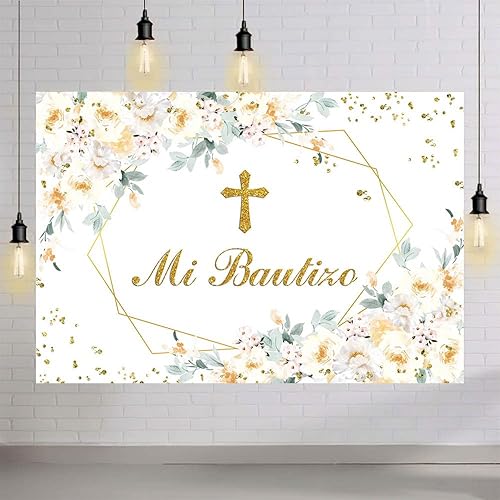 Miniatura 5 de Telón de fondo Mi Bautizo de 7 x 5 pies para niña, diseño floral amarillo y blanco, para fotografía de bautismo, puntos dorados con purpurina, para