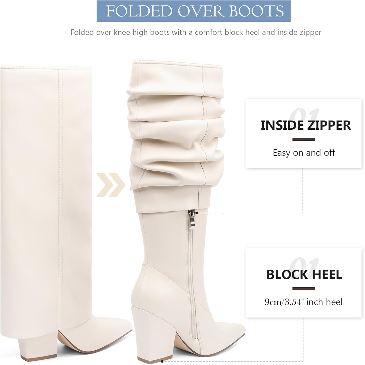 Vaslemuse Knee High Boots for Women Fold Over Pointed Toe Shark Tall Boots Block Low Heel Long Boots with Side Zipper - Image 6