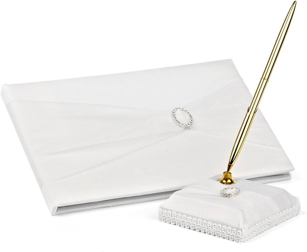 KateMelon Satin Rhinestone Wedding Guest Book and Pen Set