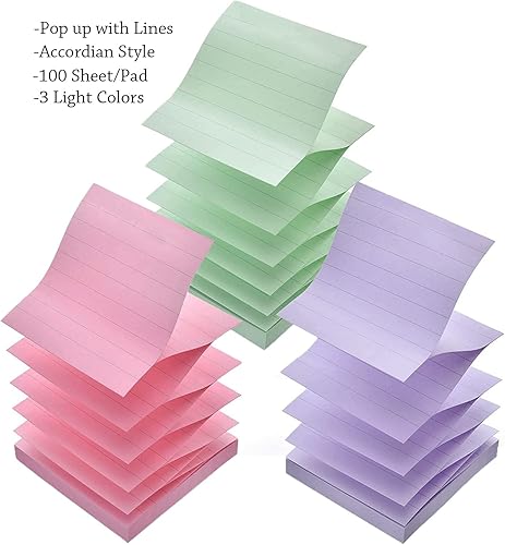 Miniatura 2 de Notas adhesivas forradas emergentes de 3 x 3 pulgadas, paquete de 6 notas autoadhesivas con líneas, color verde claro, rosa y morado, 100 hojas/bloc