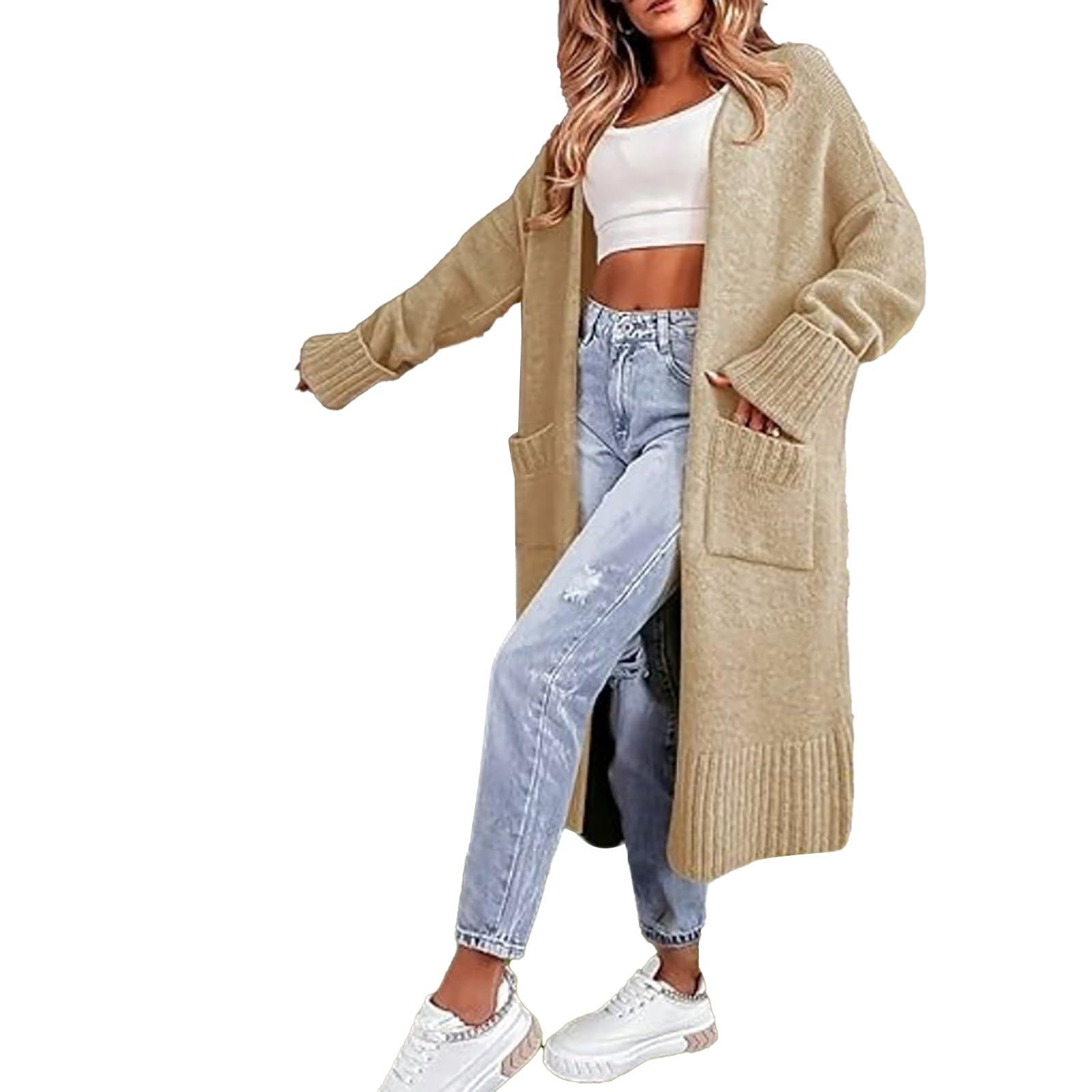 Cárdigan largo de punto para mujer, cárdigan de punto para mujer, talla grande, cuello en V, frente abierto, cárdigan de punto de manga larga, cárdigan de punto con bolsillos, holgado, casual