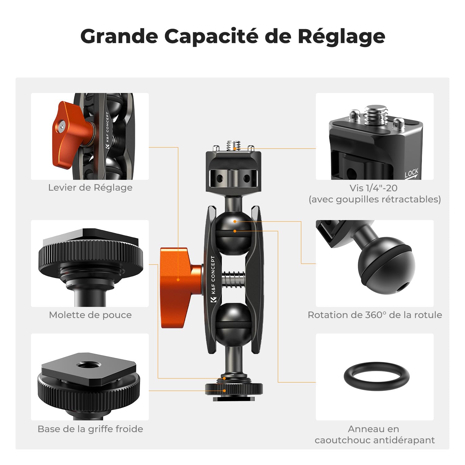 K&F CONCEPT Bras Magique avec Cold Shoe, Support pour Moniteur Cold Shoe et Vis 1/4", Rotatif Double Ballhead, pour Microphone, Surveiller Lumière LED