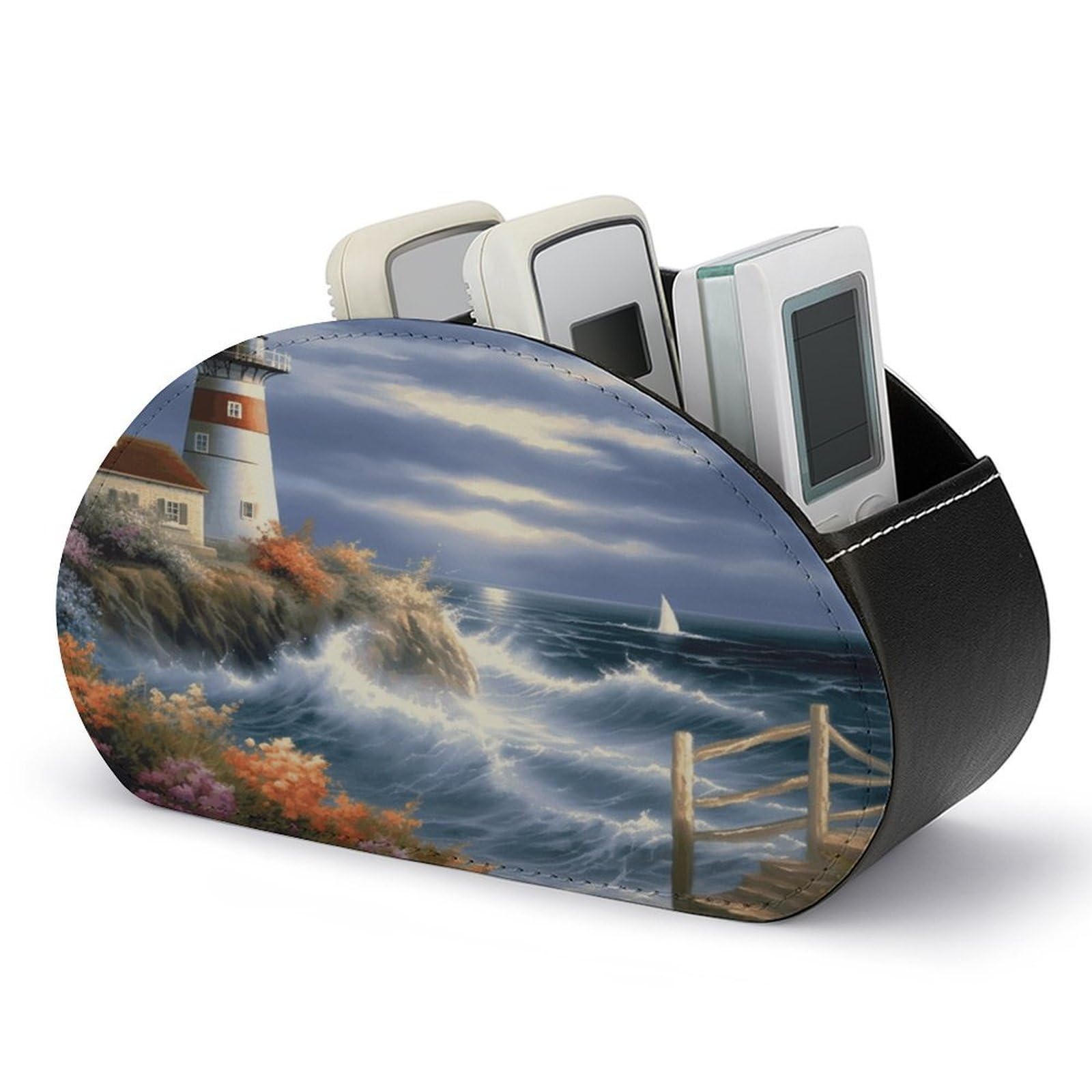 VstaDank Lighthouse Diamond Painting Remote Control Holder with 5 Compartments Pu Leather TV Remote Caddy Storage Box Desktop Organizer Store Controller DVD Brush Pens Glasses&Office Supplies