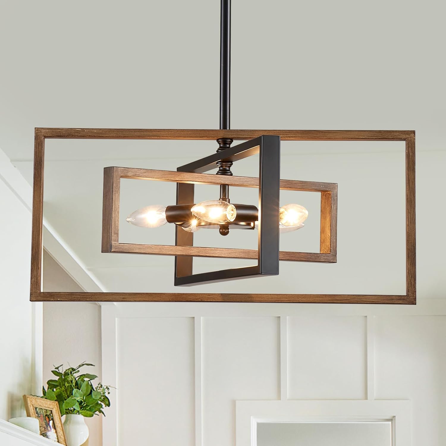 Farmhouse Chandelier for Dining Room 5-Light Black and Wood Grain Finish Pendant Lighting Fixture Height Adjustable for Bedroom Living Room Dining Room Kitchen Island Hallway 22"