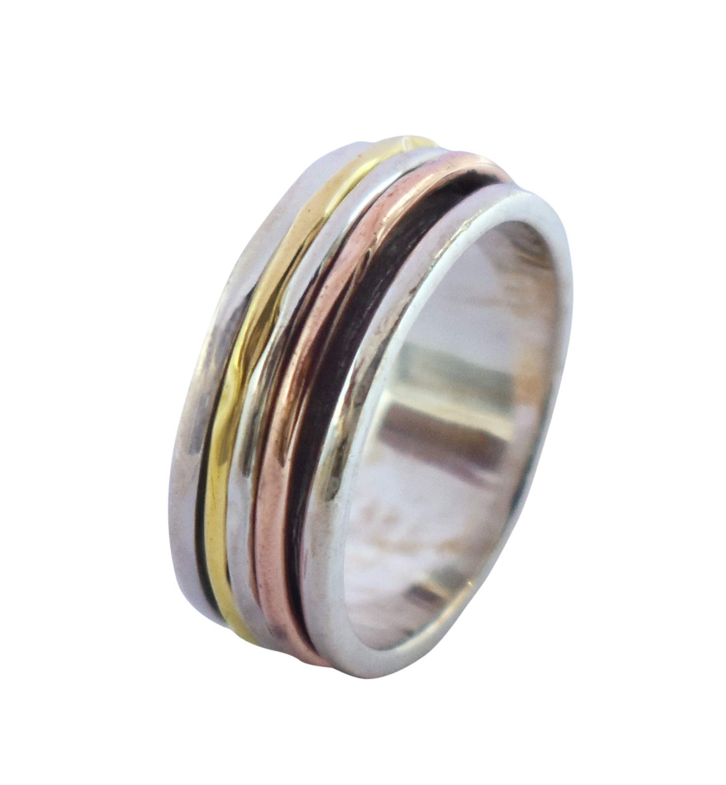 Jyesh Jewel925 Solid Sterling Silver Tri Brass Band Meditation Spinner Ring, Handcrafted Women Jewelry