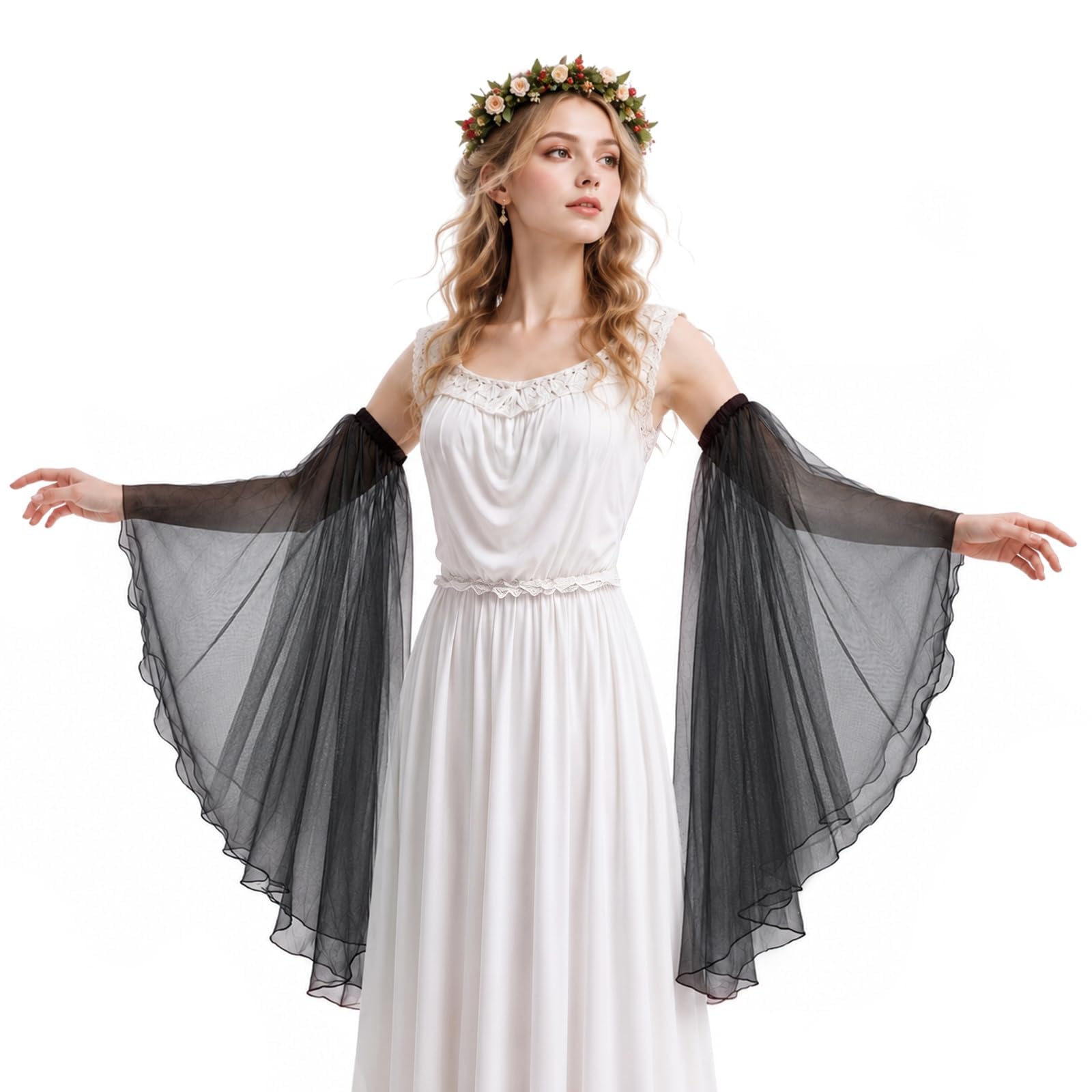 UniqKaliber Detachable Victorian Long Tulle Gloves,Gothic Wedding Dress Accessories Arm Covers for Halloween Costume