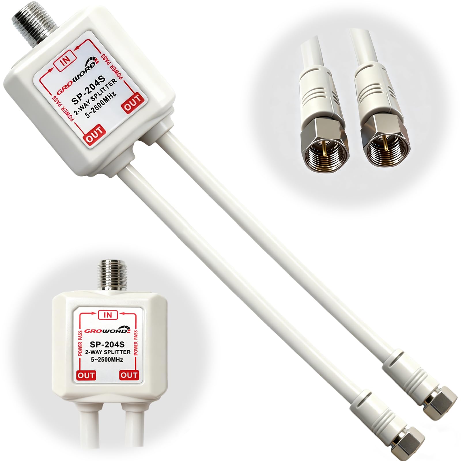 2-Way coaxial Cable Splitter, 5-2500MHz CATV Splitter with 6” RG6 Coaxial Cable and 2 Coax Connectors, for Pass Power to LNB, Improve TV Satellite Antenna Signal Quality, Corrosion Resistant
