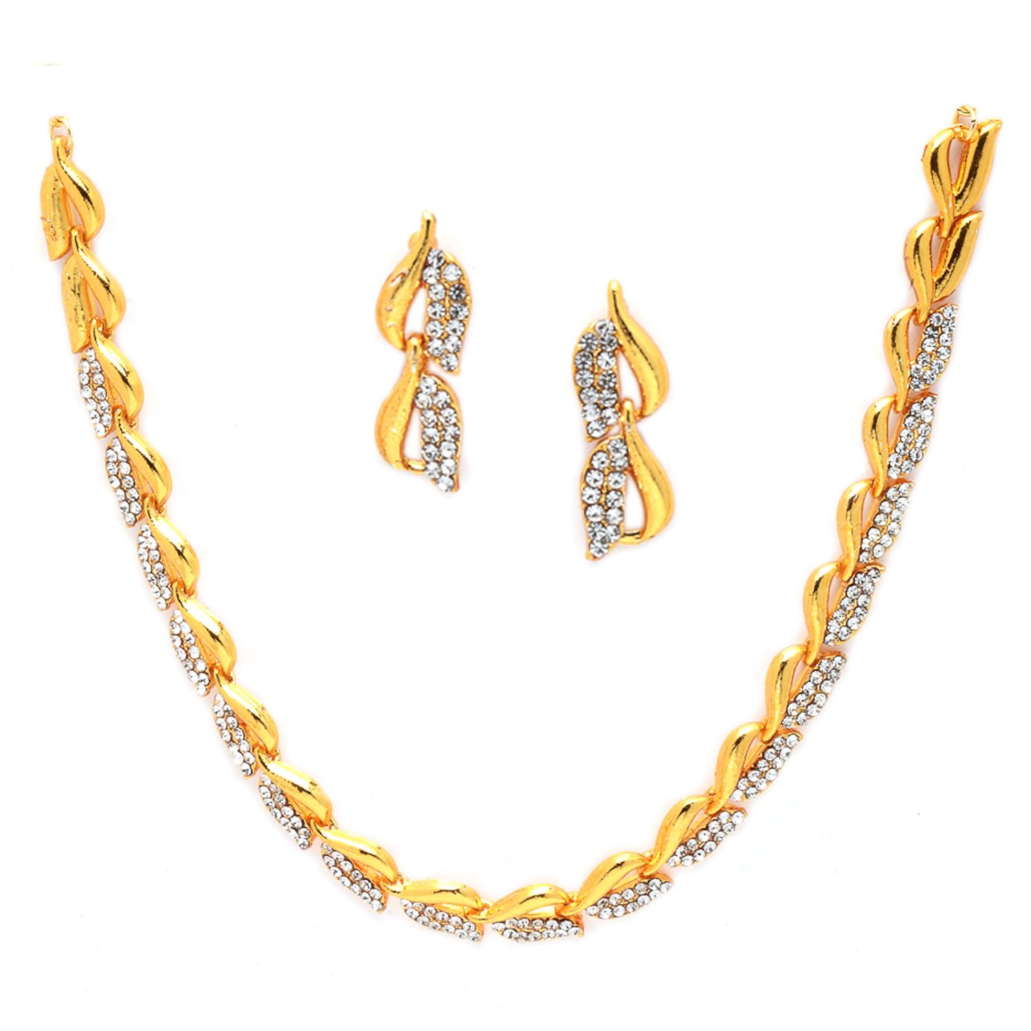 Women American Diamond Studded Intrcately Designed Leaf Shaped Necklace With Earring Jewellery Set For Women and Girl-image-25