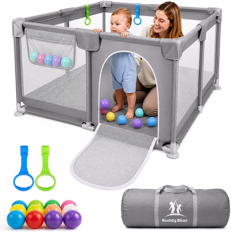 Baby Playpen for Babies & Toddlers, Portable Play Yard with Breathable Mesh | Large Play Area, Indoor&Outdoor, Zipper Door, 12 Balls & Storage Bag, 50 x 50 Playpen, Anti-Slip Suction Cups, Non-foldable