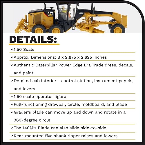 Vista 4 de Diecast Masters Scale Caterpillar - Motoniveladora 140M, serie Core Classics, camiones para gatos y equipo de construcción, modelo a escala 1:50