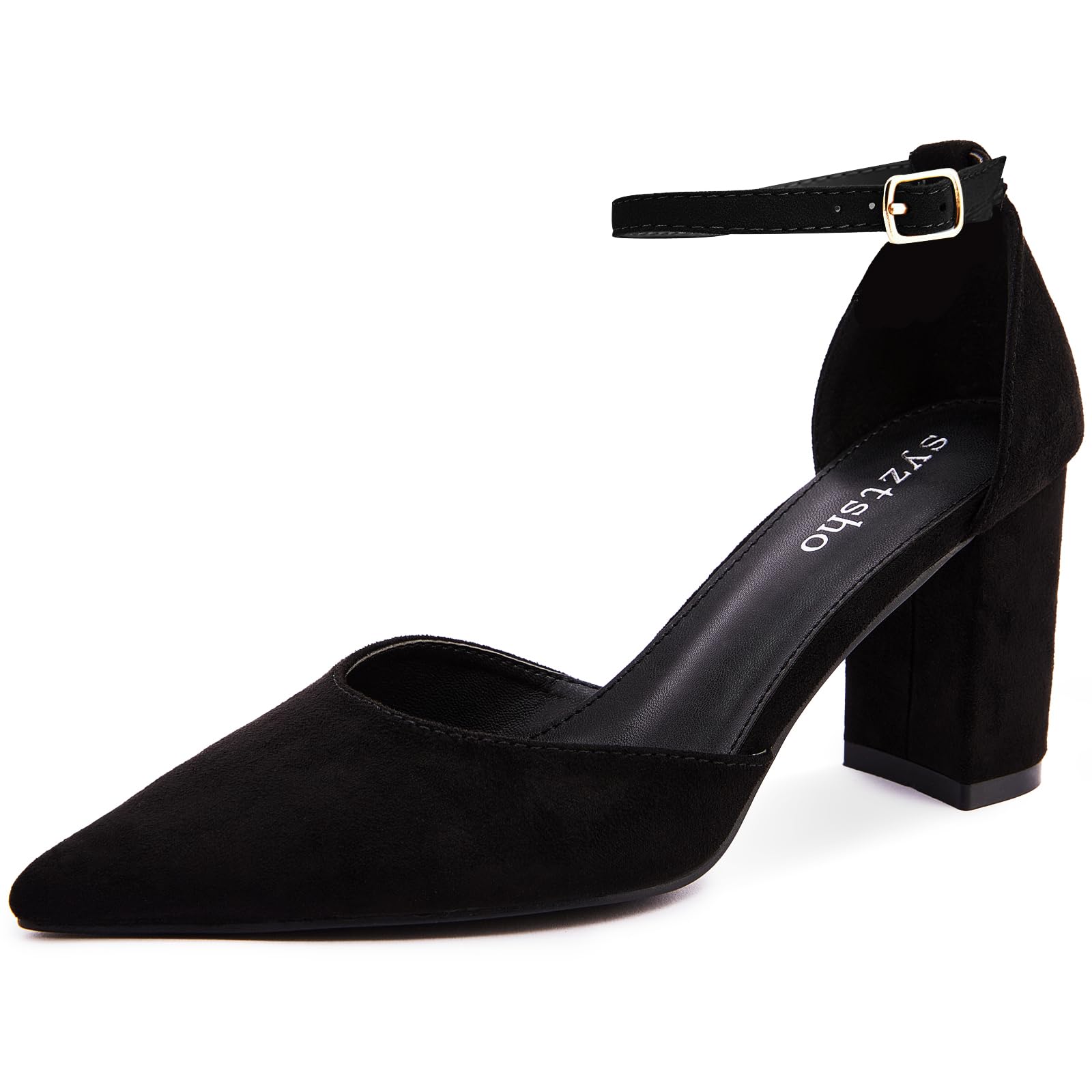 Women's Closed Pointed Toe Heels Chunky Block Pumps Ankle Strap Dress Shoes for Office Party Wedding-image-40