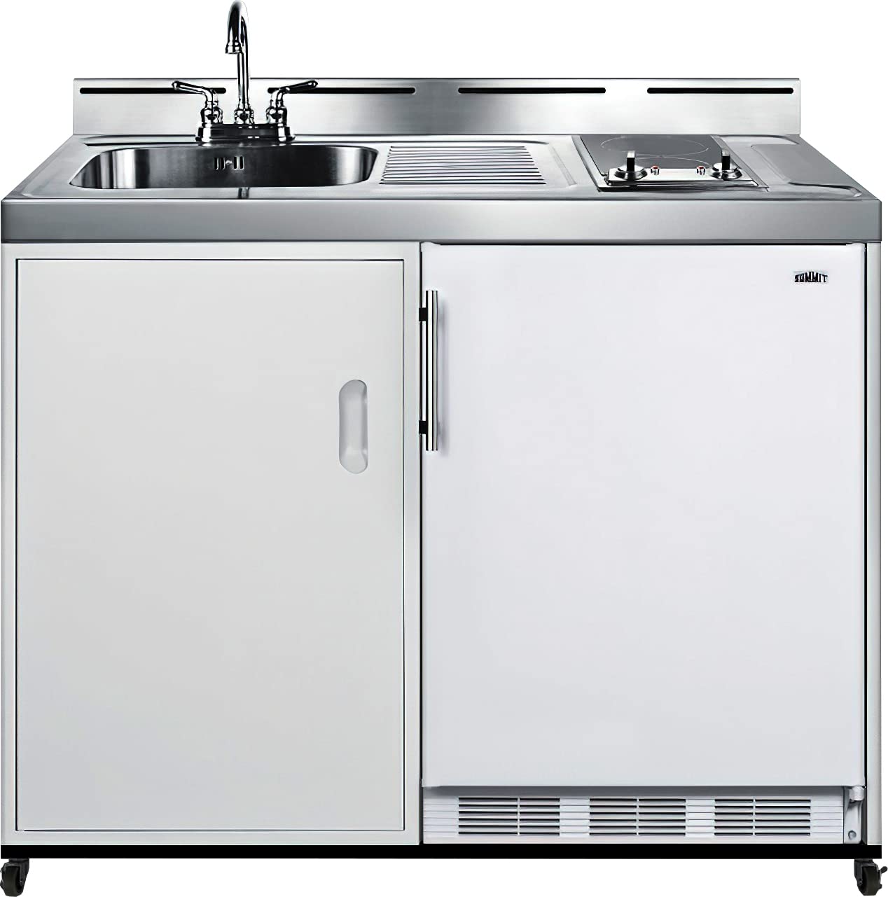 Summit 48" Mobile All-In-One Kitchenette, Refrigerator-Freezer, 2-Burner Smoothtop Cooktop, Water Jug Sink, And Storage, White- C48elglasspumpmb on Fridge.com - View 3