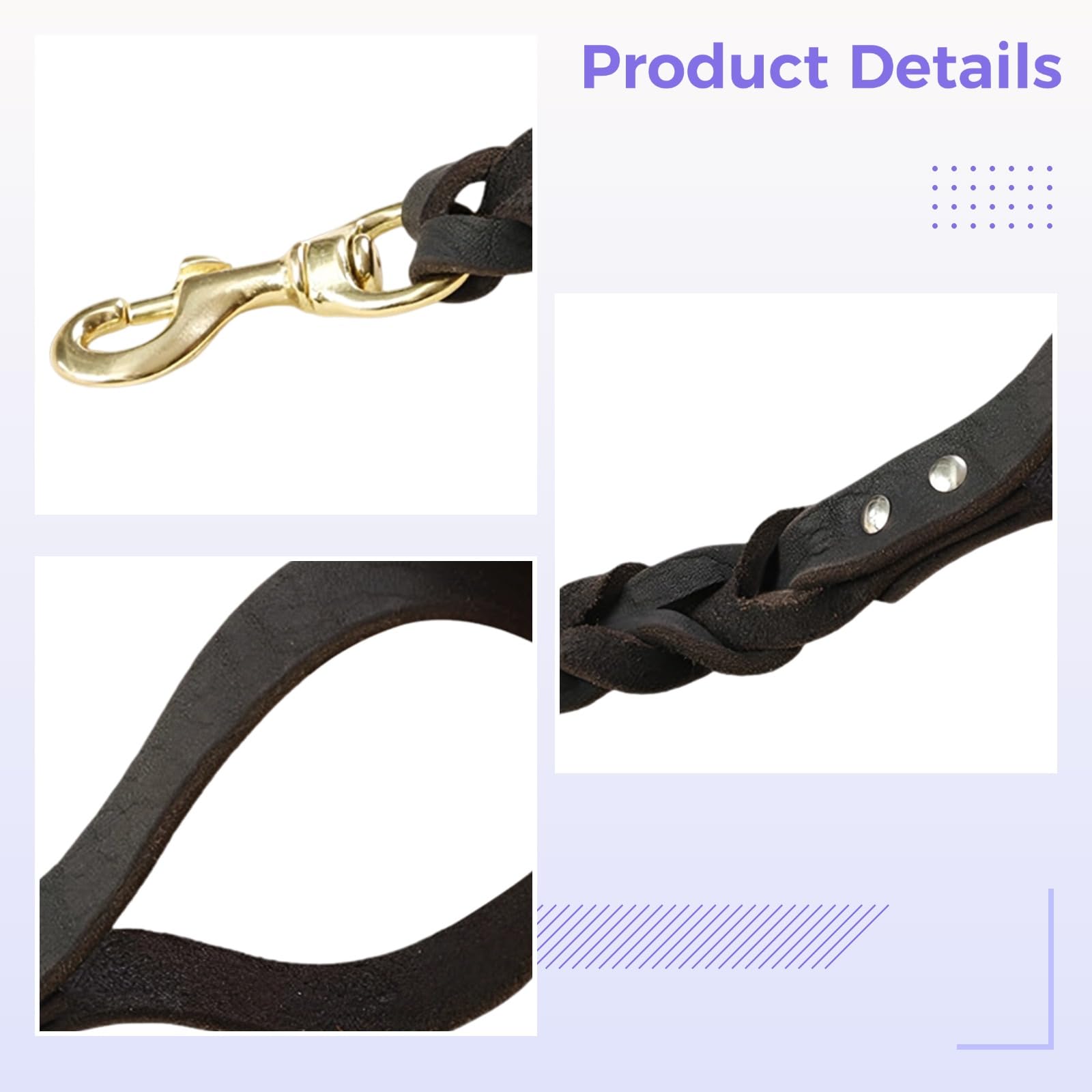 Hundeleine für große Hunde, 30 cm Kurze Echtleder-Führleine aus Rindsleder, handgeflochtener Griff, Nietenverstärkung, Messingkarabiner, farbecht, schwarz