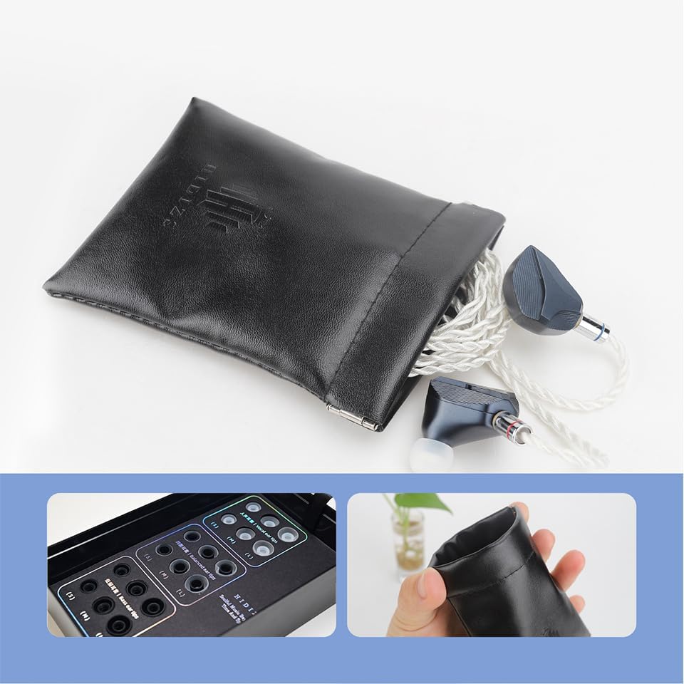 A black leather pouch and a box containing various sizes of ear tips for the Hidizs MP145 IEMs.
