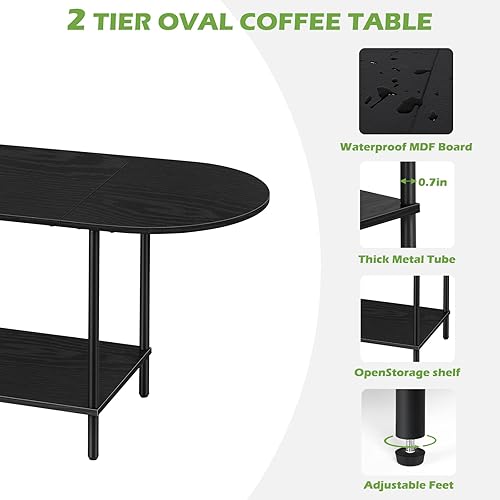 Miniatura 7 de ETELI Mesas de centro negras para sala de estar, pequeña mesa de centro ovalada de 2 niveles, mesas auxiliares de madera con estante de