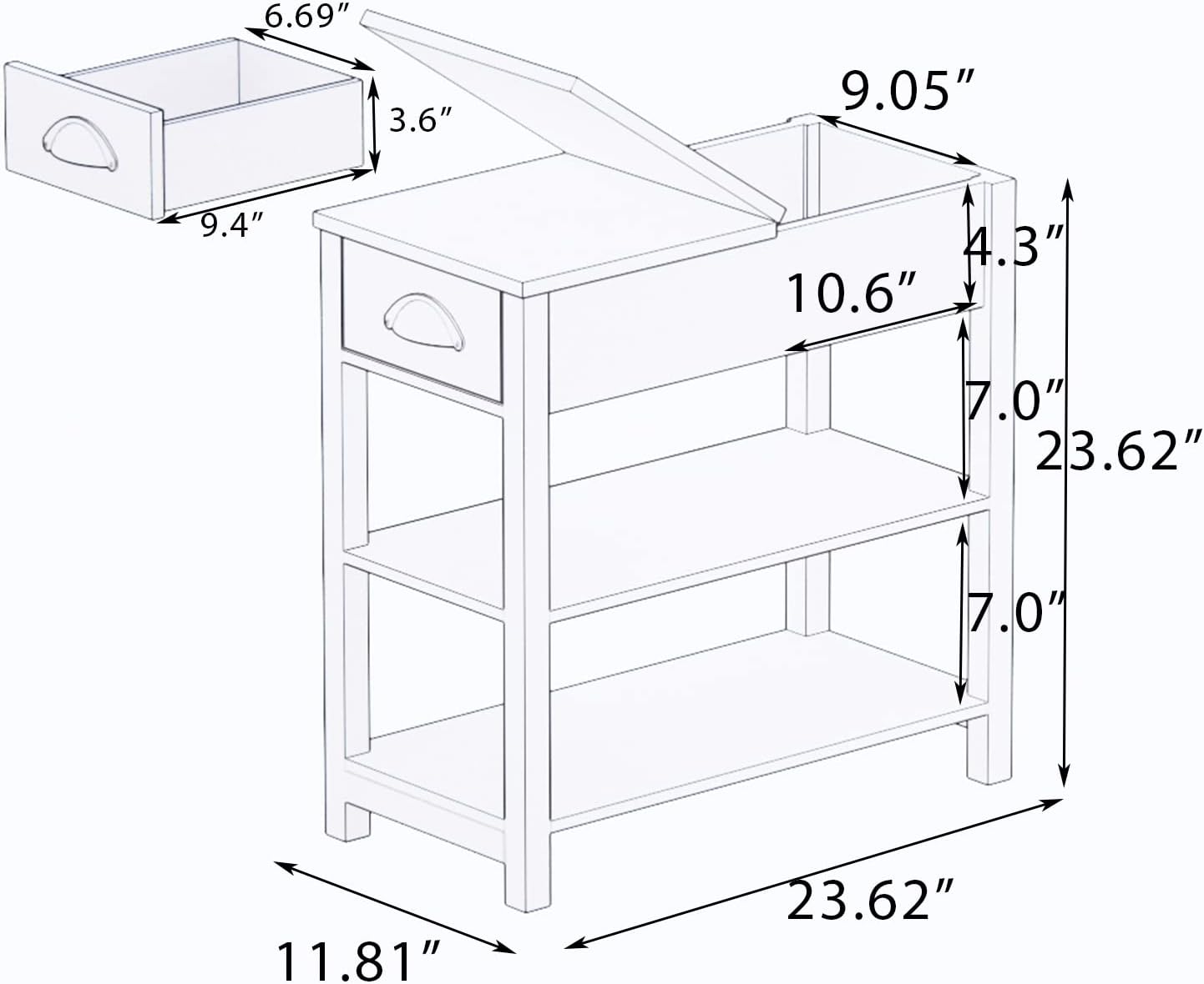 RASOO End Table Living Room Narrow Sofa Side Table with Drawer and 3-Tier Shelves Slim Bedside Nightstand for Small Space Set of 2