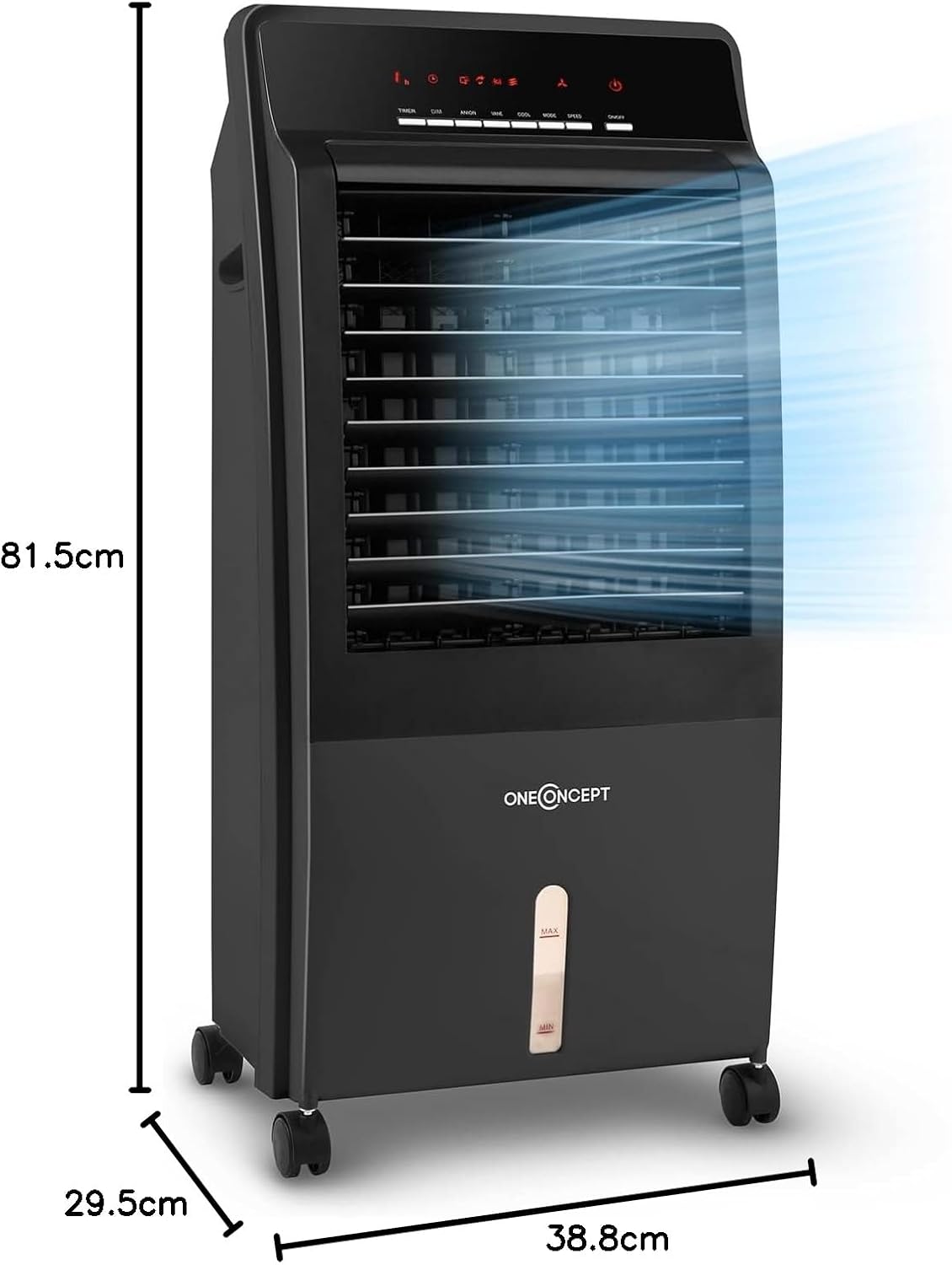 Diagram showing the dimensions of the OneConcept CTR-1 air cooler: 81.5 cm height, 38.8 cm width, and 29.5 cm depth.