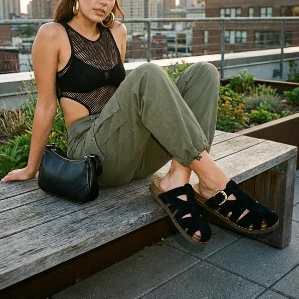 CUSHIONAIRE Benson Fisherman Sandals for Women 2025 โ Suede Slip On Closed Toe Womens Clogs with Memory Foam Cork Footbed and Arch Support, BLACK 8 by CUSHIONAIRE - Used condition - Image 3