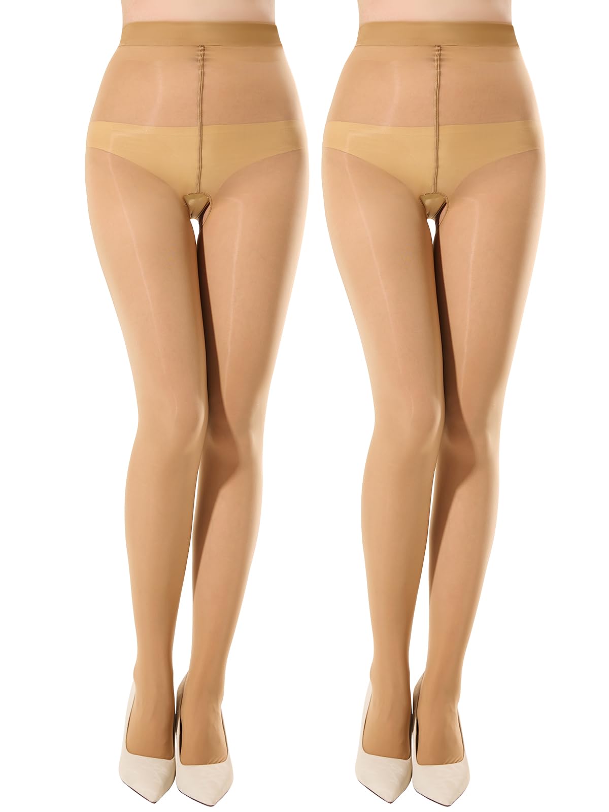 MANZI Oil Shiny Tights Women Seamless High Waist Glossy Pantyhose 2 Pairs Natural S-M