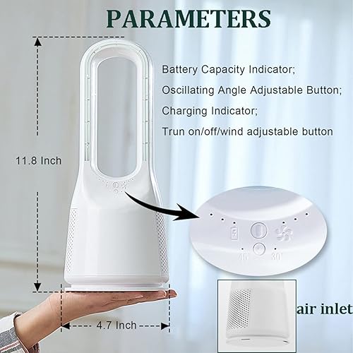 Miniatura 8 de Ventilador sin aspas USB, ventilador de escritorio sin aspas, ventilador de mesa recargable con luz nocturna, 3 velocidades, ventilador de torre