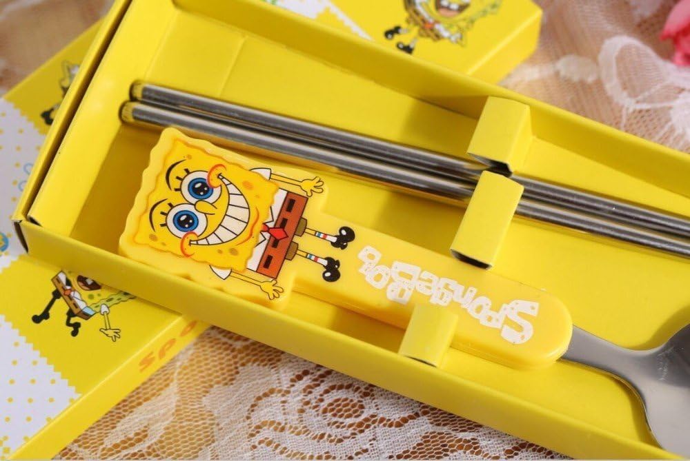 Child Spoon Set with Chopsticks, Sponge Bob Square Pants, Hello Kitty, Winnie the Pooh, A Dream.. Complete Set, Blue, Yellow, Pink Brown (Sponge Bob Square Pants)