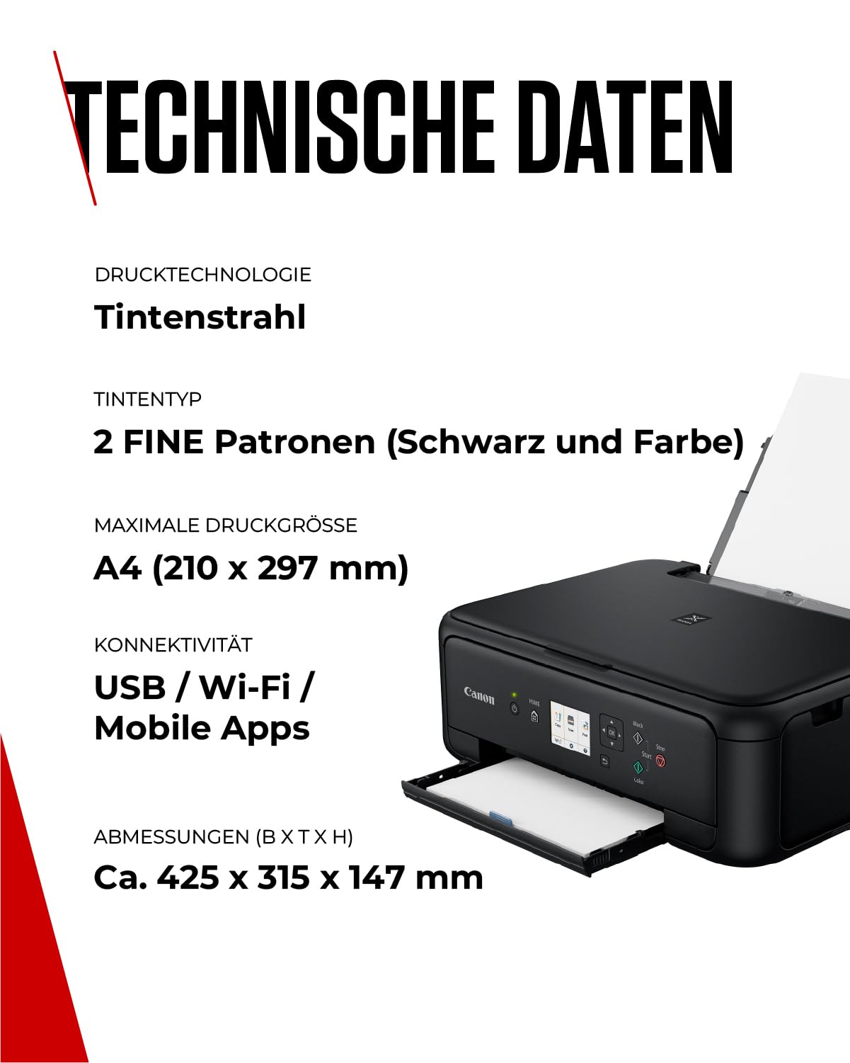 Canon PIXMA TS5150 Drucker Farbtintenstrahl Multifunktionsgerät DIN A4 (Scanner, Kopierer, Farbdisplay, 4.800 x 1.200 dpi, USB, WLAN, Duplexdruck, 2 Papierzuführungen) schwarz