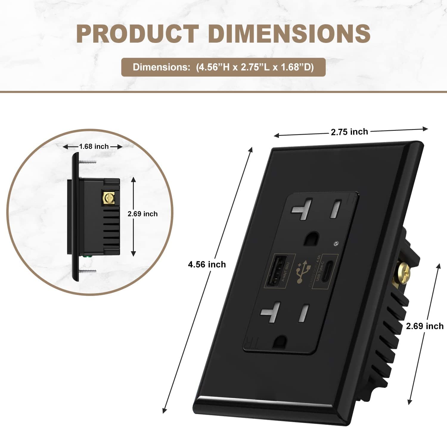 Micmi USB Type C Wall Outlet Dual High Speed Receptacle 20 Amp, Smart 4.8A Fast Charging Capability, Tamper Resistant Wall Plate Included UL Listed, Type C (Black, 2 Pack)
