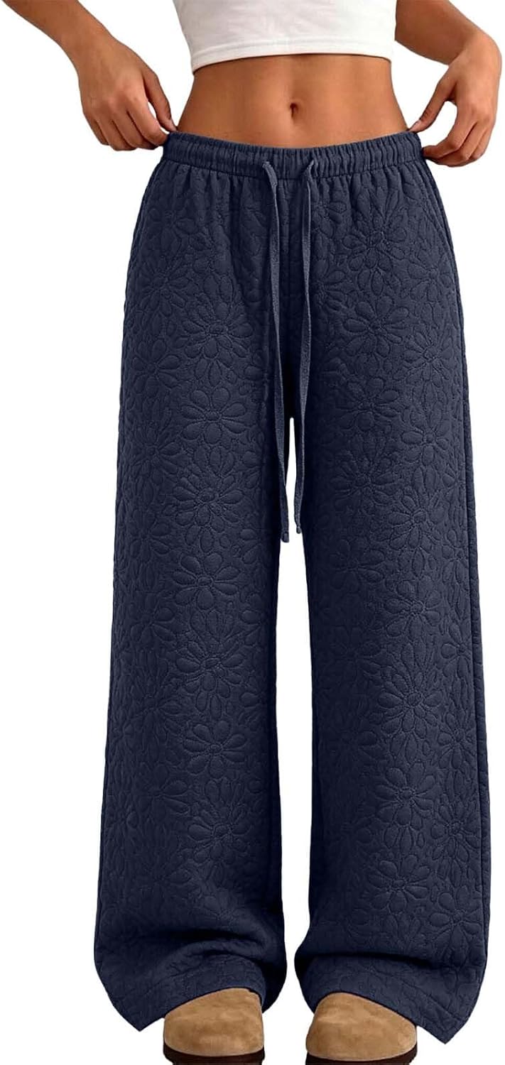 Women Floral Jacquard Wide Leg Pants Elastic Waist Lounge Trousers