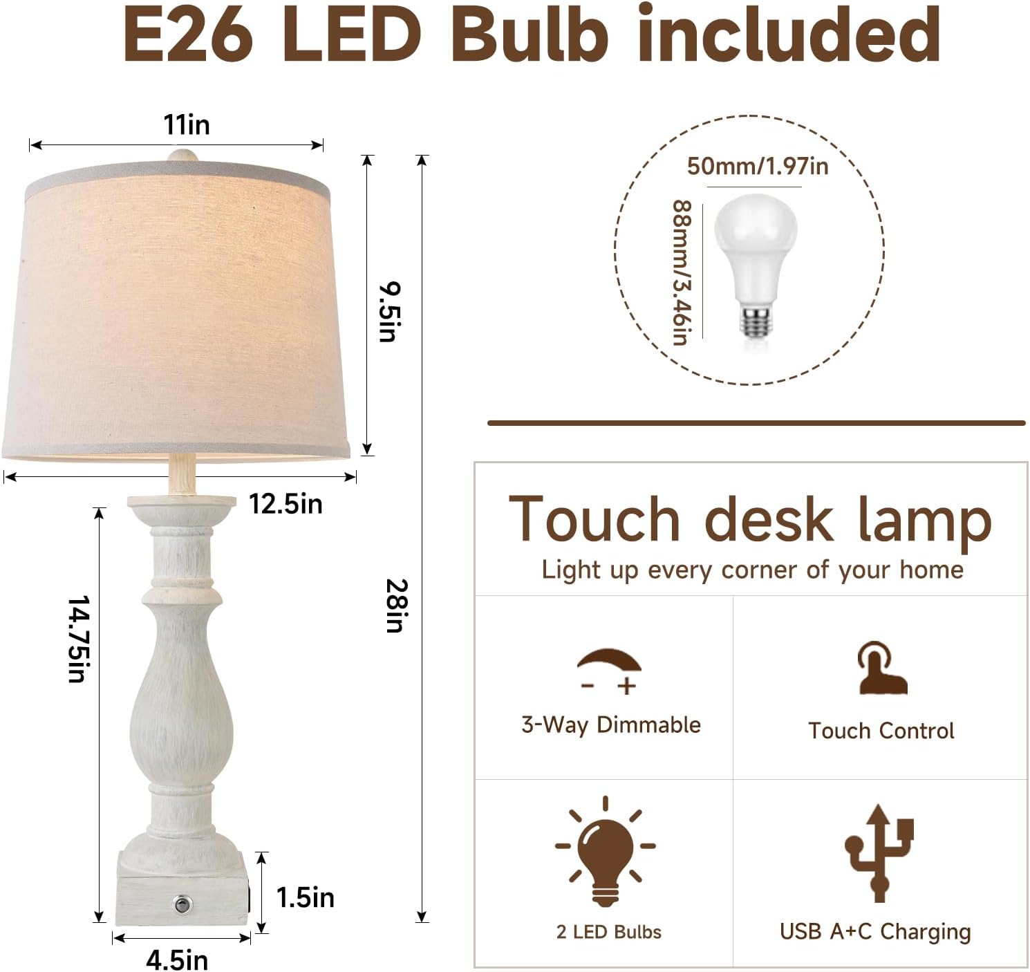 Table Lamps Set of 2 Vintage Night Stand Light Touch Dimmable Desk Lamp Farmhouse Resin Lamp (White)