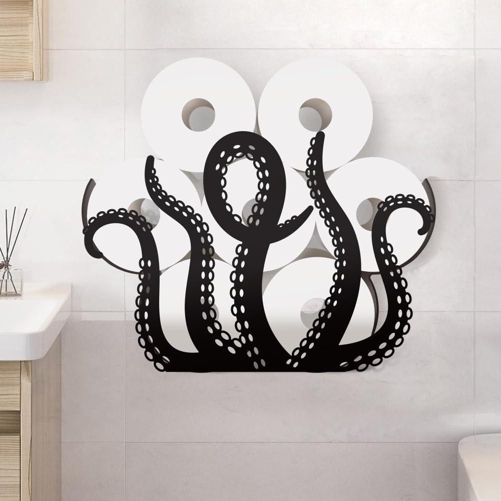 WADORN Funny Octopus Metal Toilet Paper Holder, Octopus Tentacles Decorative Toilet Paper Storage for Extra 8 Rolls Funny Freestanding Animal Metal Wall Mounted Organizer for Bathroom Kitchen Cabinet